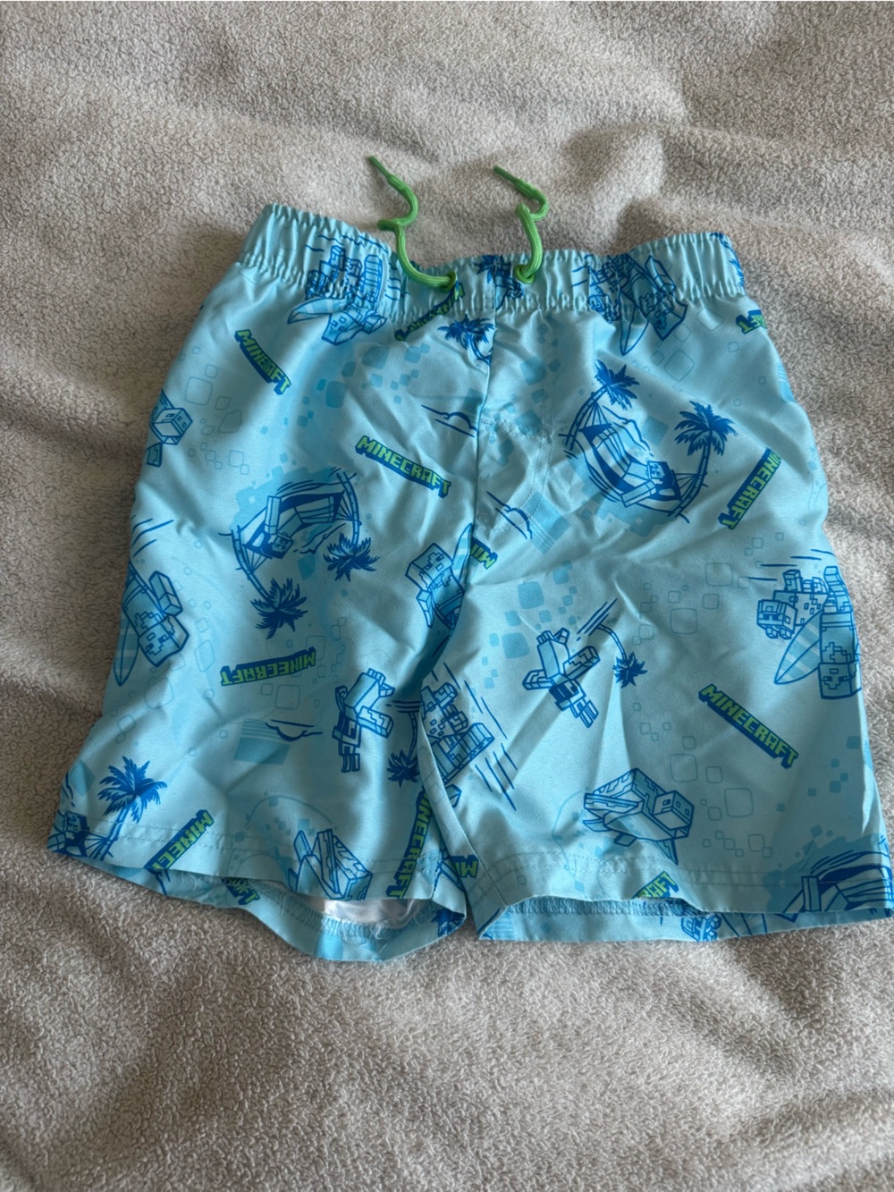 Minecraft Light Blue Kids Swim Trunks with Green Drawstring